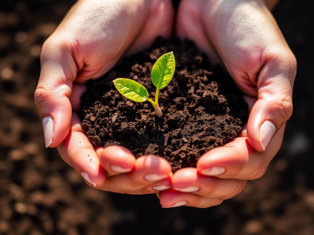 Hands holding rich soil with seedling