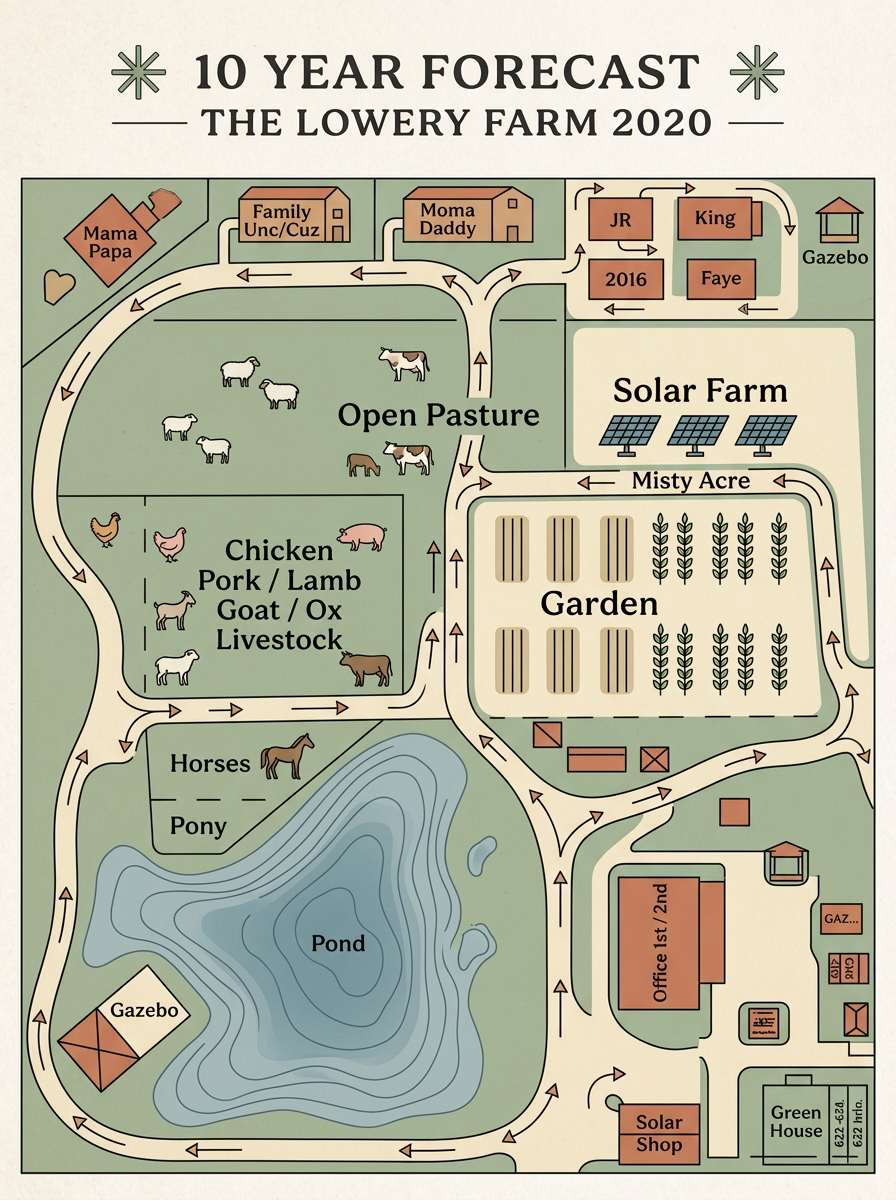 Illustrated 10-year forecast site map of the Lowery Farm 2020 showing family homes, open pasture, solar farm, livestock, garden, pond, gazebo, office, solar shop, and greenhouse