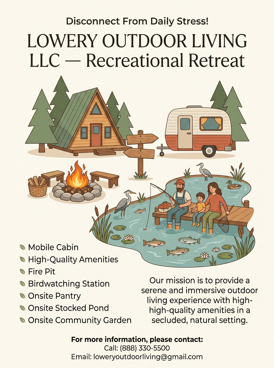 Lowery Outdoor Living LLC recreational retreat poster with cabin, RV, fire pit, and stocked pond